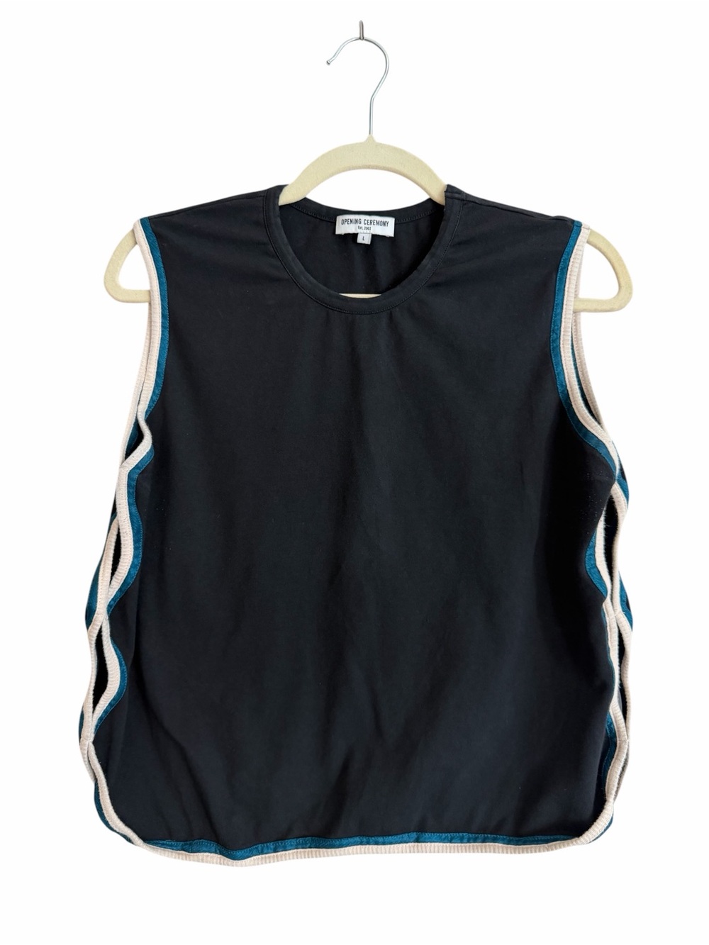 Opening Ceremony Black Sleeveless Tank with Teal Waves Contrast Trim Size Large